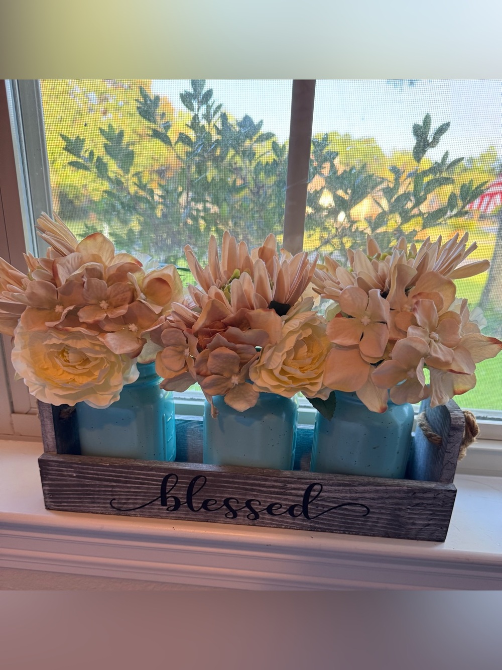 Decorative Blue Mason Jar Flower Arrangement with Cream & Peach Silk Blooms